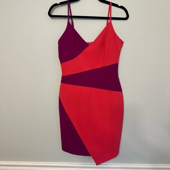Nicole Miller Collection Colorblock Asymmetric Dress Pink Purple Mini Sz 2 - Picture 3 of 12